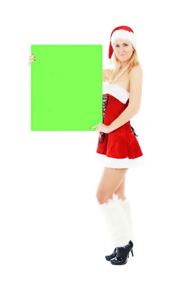 Mujer de Navidad sosteniendo banner verde en blanco —  Fotos de Stock