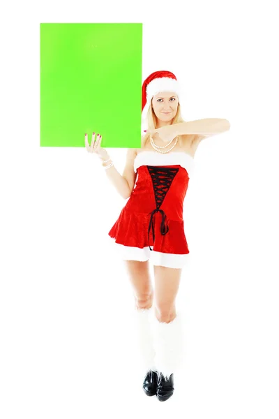 Vánoční žena držící zelené prázdný nápis — Stock fotografie
