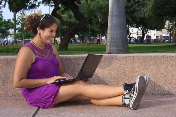 stock image Young Peruvian Woman with Laptop in Park in Lima, Peru