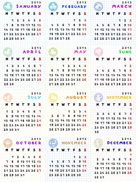 stock image 2013 calendar with zodiac signs