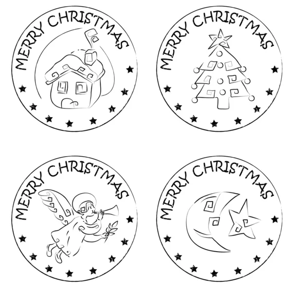 4 selos de moeda de Natal casa árvore lua anjo — Fotografia de Stock