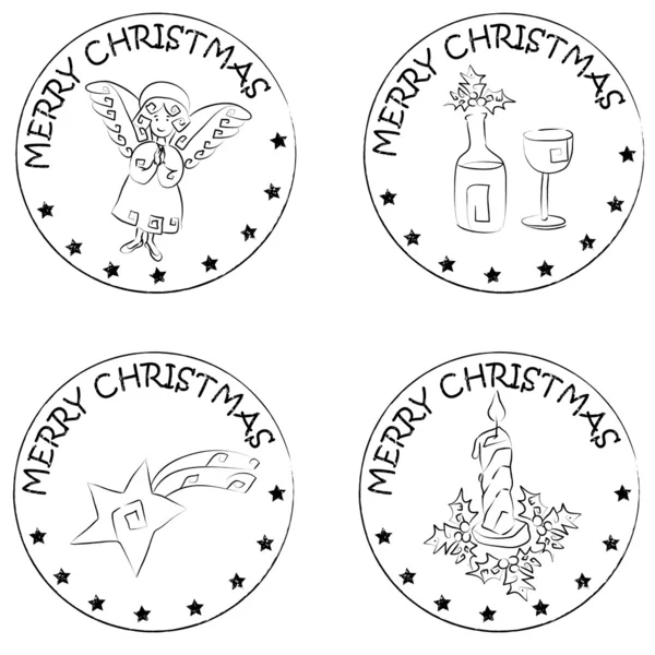 4 크리스마스 동전 우표 천사 촛불 스타 와인 — 스톡 사진