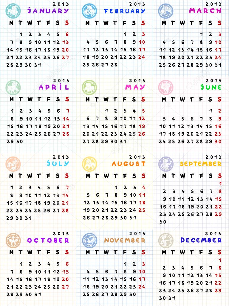 2013 calendar with zodiac signs