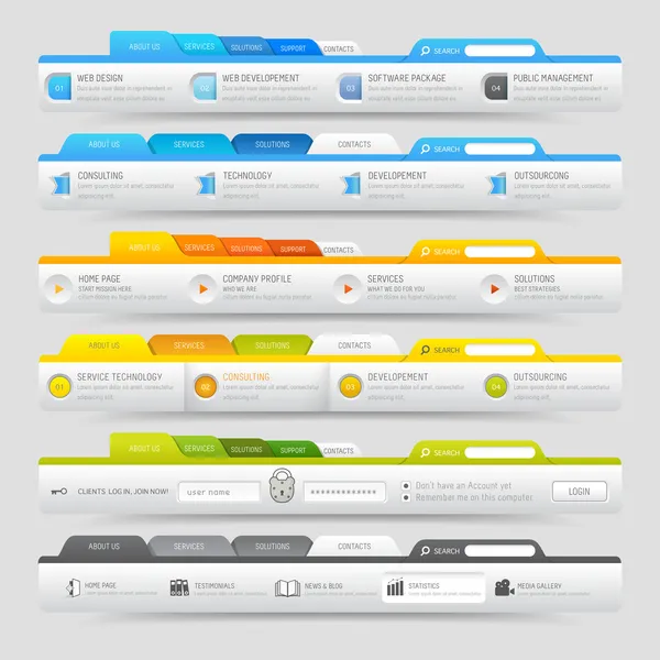 Elementos de plantilla de diseño web con conjunto de iconos: Barras de menú de navegación Ilustración de stock