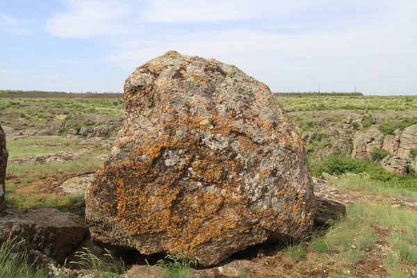 Uma enorme pedra de granito vermelho-rosa na estepe — Fotografia de Stock