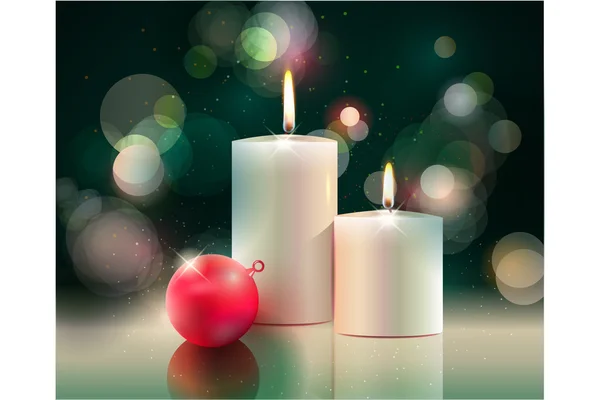 Vektor-Weihnachtshintergrund mit Kerzen & roter Weihnachtskugel — Stockvektor