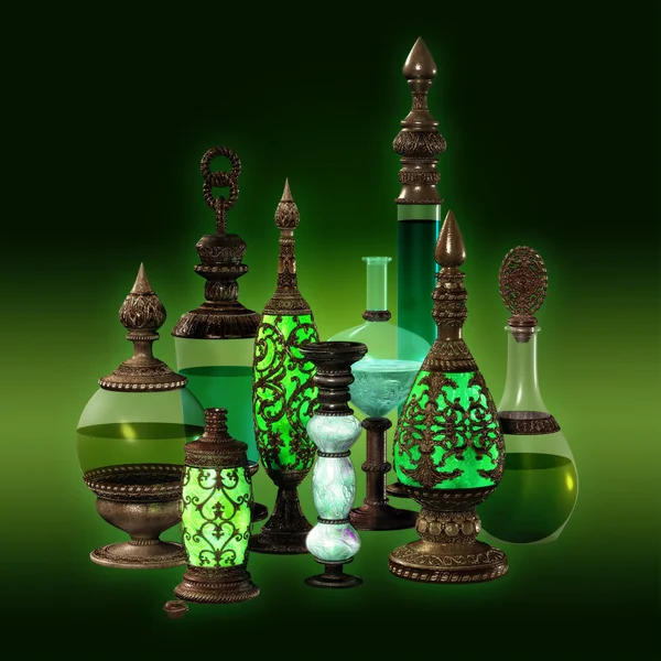 9 Flaschen mit Metallornamenten in grünen Farben — Stockfoto