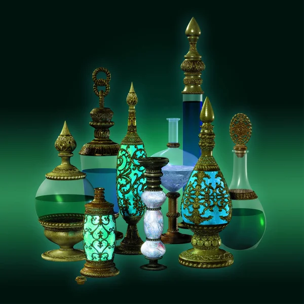 stock image 9 bottles with golden ornaments in turquoise colors