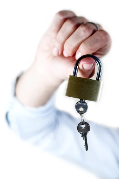 Businesswoman holding lock — Stock Photo, Image
