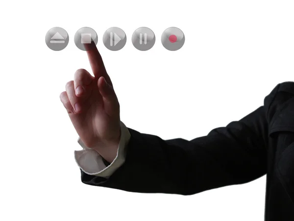 手 - (白い背景で隔離のビジネス コンセプト] ボタンを押す) — ストック写真