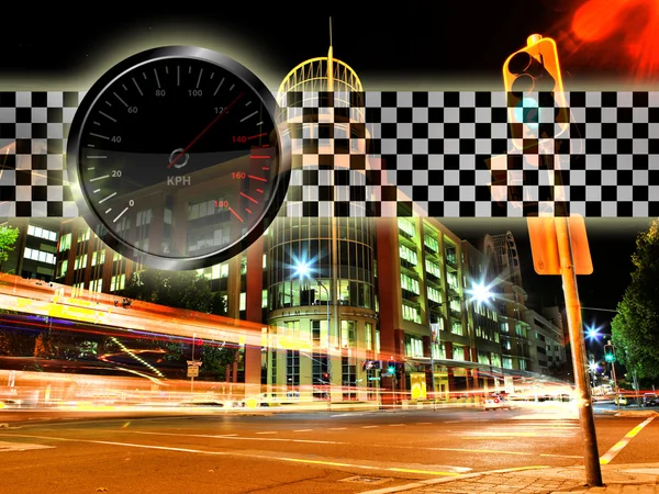Compteur de vitesse et la ville — Photo
