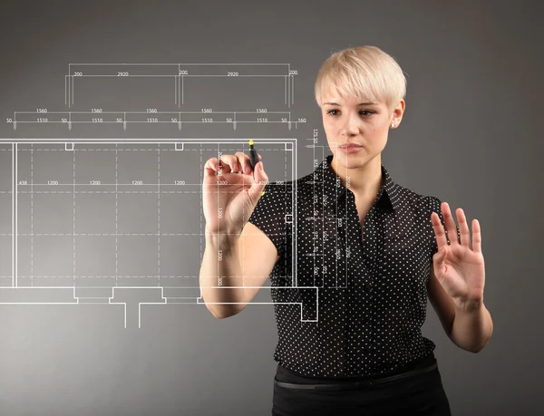 Blueprint design technical concept - girl drawing on screen — Stock Photo, Image
