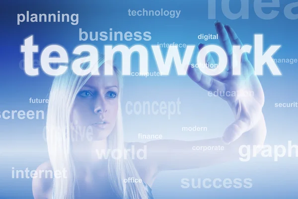 Businesskonzept - Mädchen mit Bildschirm-Teamwork — Stockfoto