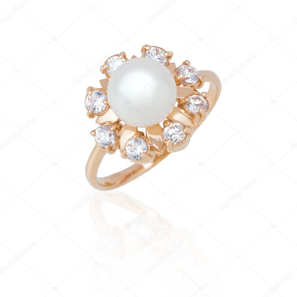Jewelry ring with pearl and diamonds on white background