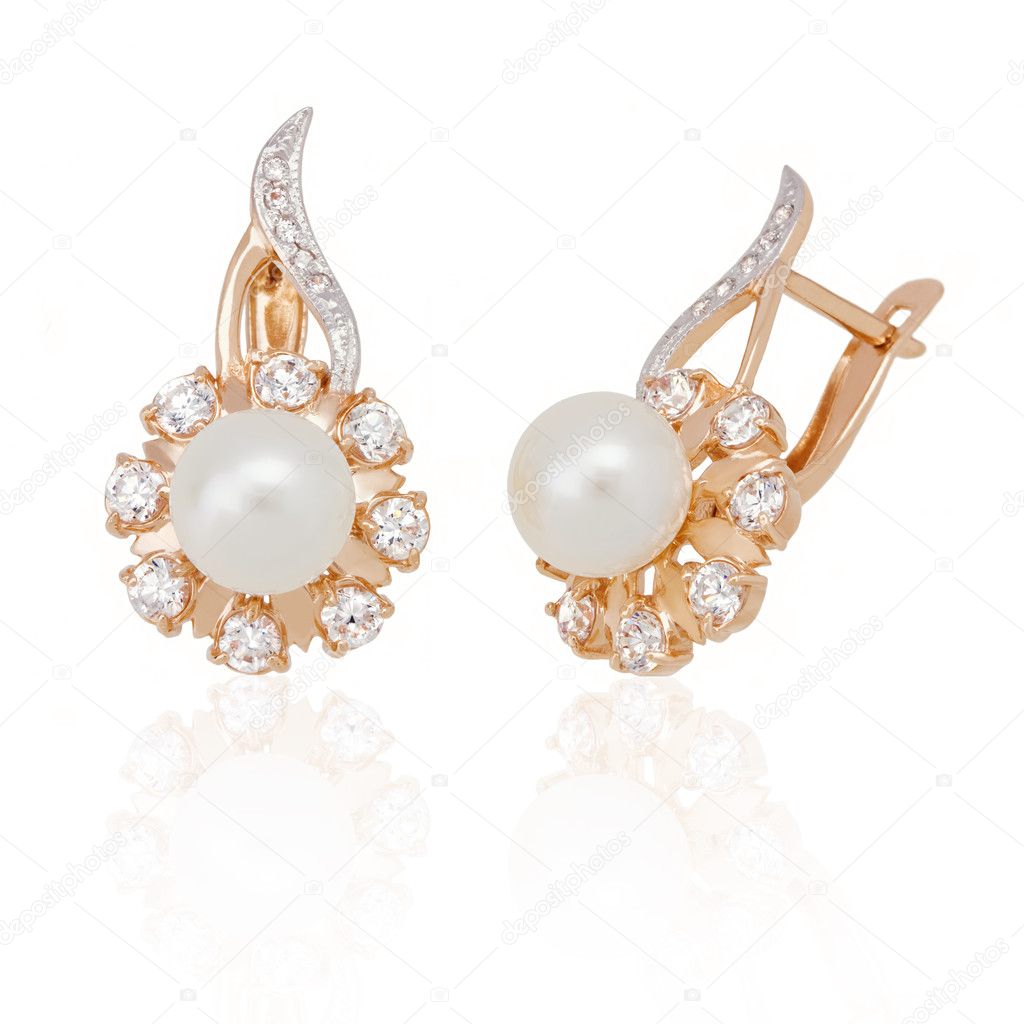 Jewelry earrings with pearl and diamonds on white background