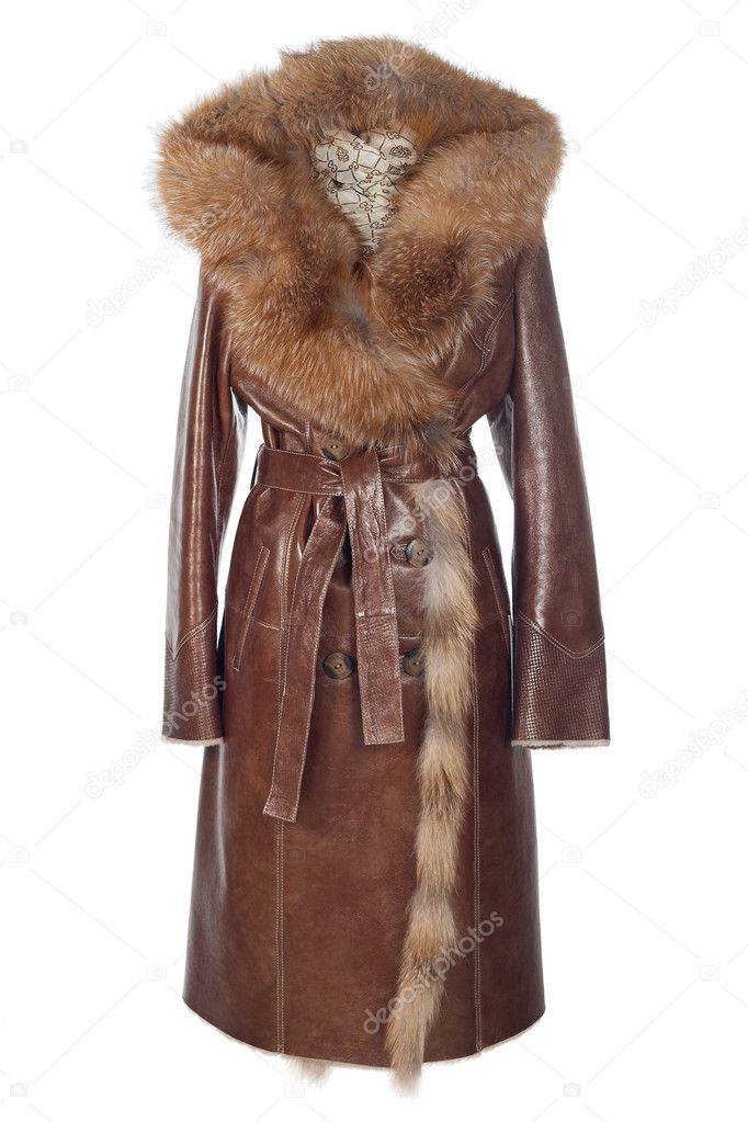 Brown leather coat with fur. Isolated on white background