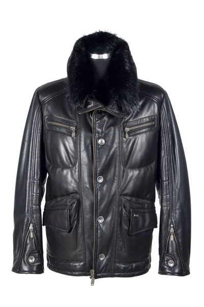 Man`s černá kožená bunda s kožešinou — Stock fotografie