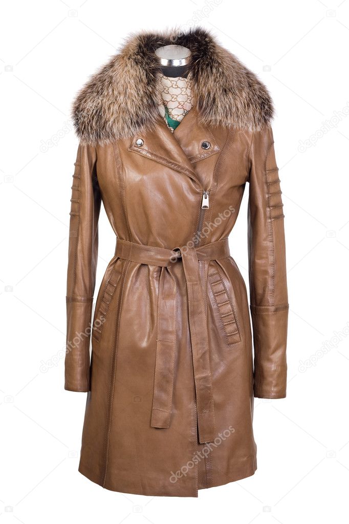 Brown women`s leather cloak with fur
