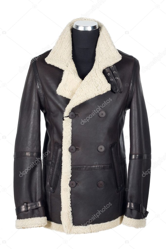 Man`s black leather jacket with fur