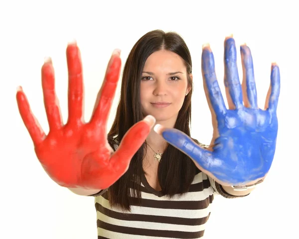 Kézzel festett színes festékek kész kézzel nyomatok lány — Stock Fotó