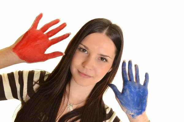 여자 손으로 그린 화려한 페인트 손 인쇄를 위한 준비 — 스톡 사진