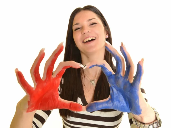 Menina com a mão pintada em tintas coloridas pronto para impressões manuais — Fotografia de Stock