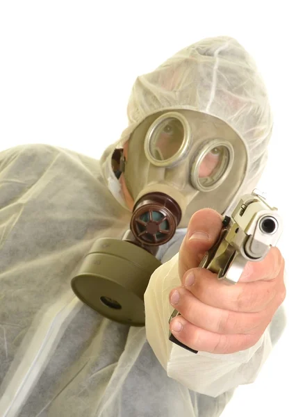 Portrait of man in gas mask with handgun — Stock Photo, Image