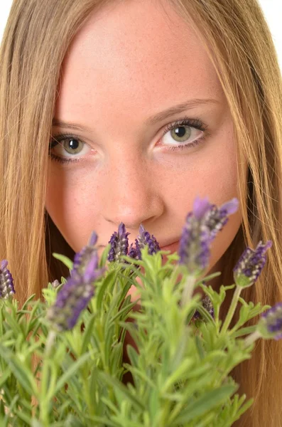 Vrouw met lavendel geïsoleerd op wit — Stockfoto