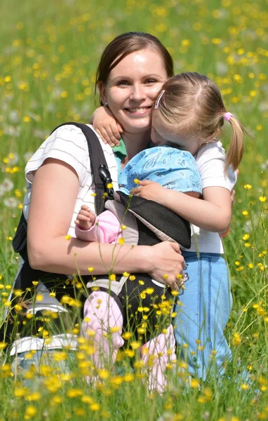 牧草地で二人の娘を持つ母 — ストック写真
