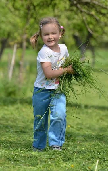 Barnet leker med gräs — Stockfoto
