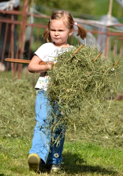 Mädchen spielt mit gemähtem Gras — Stockfoto