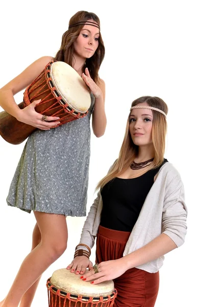 Two girls with drums — Stock Photo, Image