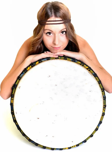 Pretty girl on drums — Stock Photo, Image