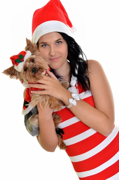 Ładna dziewczyna i pies w santa hat na Boże Narodzenie — Zdjęcie stockowe