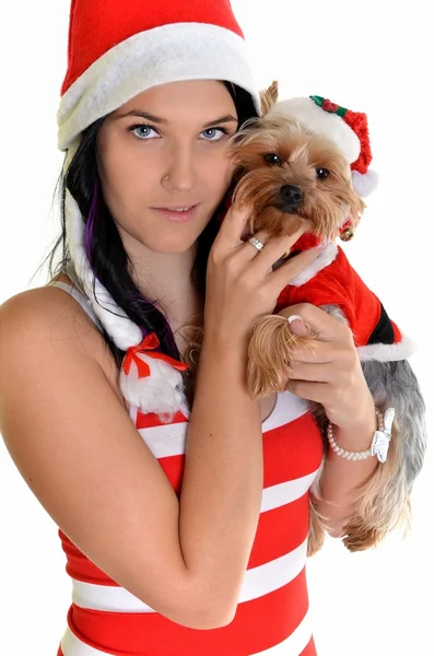 Söt flicka och hund i santa hatt vid jul — Stockfoto
