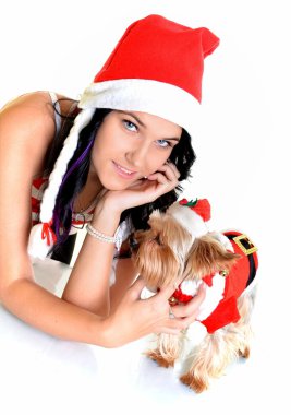 güzel kız ve köpek Noel Noel Baba şapkası