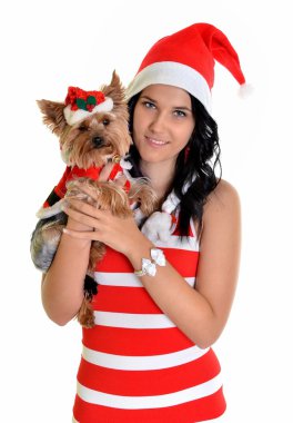 güzel kız ve köpek Noel Noel Baba şapkası