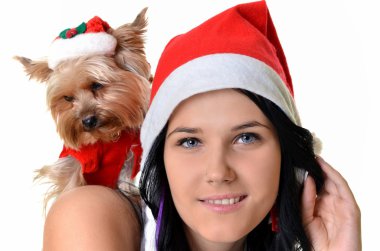 güzel kız ve köpek Noel Noel Baba şapkası