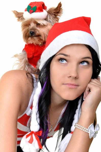 きれいな女の子とクリスマス サンタ帽子犬 — ストック写真