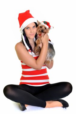 güzel kız ve köpek Noel Noel Baba şapkası