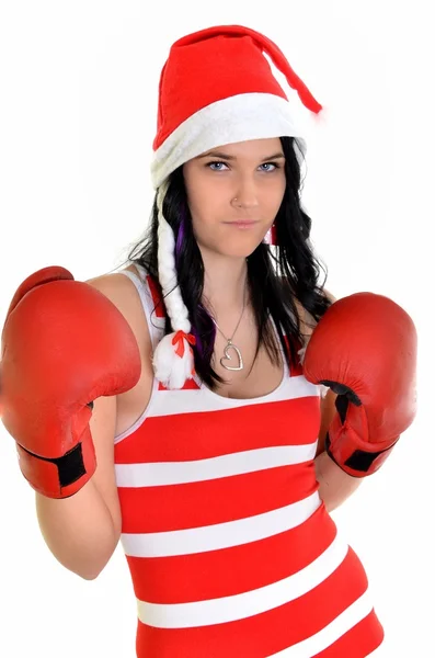 Santa hat christmas woman celebrating wearing boxing gloves. — Stock Photo, Image