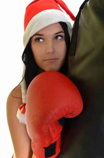 Santa hat christmas woman celebrating wearing boxing gloves. — Stock Photo, Image