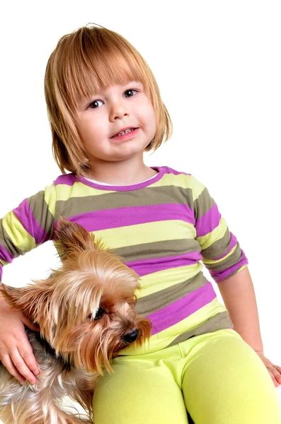 Krásná holčička s yorkie štěně — Stock fotografie