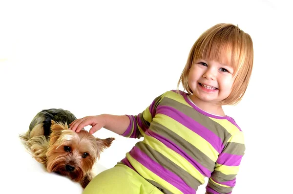 Hermosa niña con cachorro yorkie — Foto de Stock