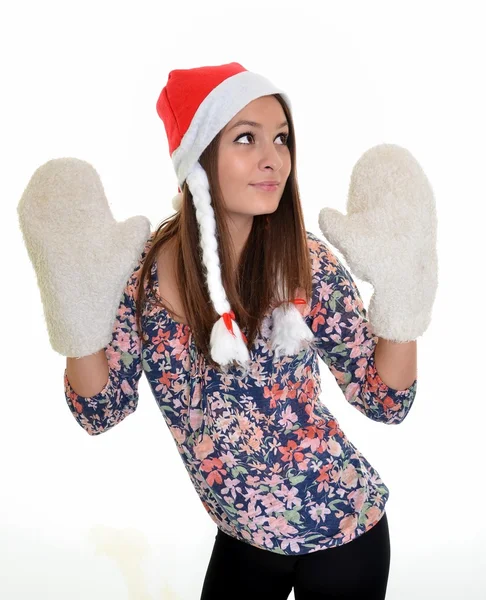 Красива молода щаслива Різдвяна жінка над білим — стокове фото