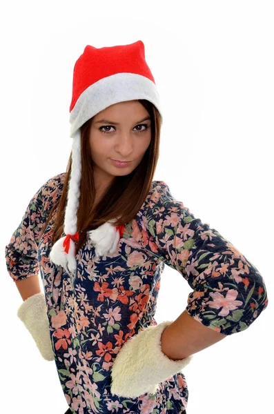 Bela jovem feliz Natal mulher sobre branco — Fotografia de Stock