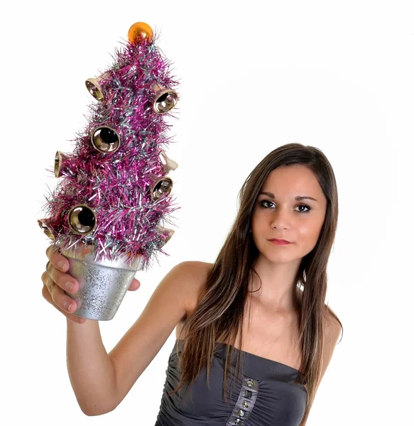 크리스마스 트리를 갖고 있는 여자 — 스톡 사진