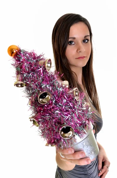 Žena s vánoční stromeček — Stock fotografie