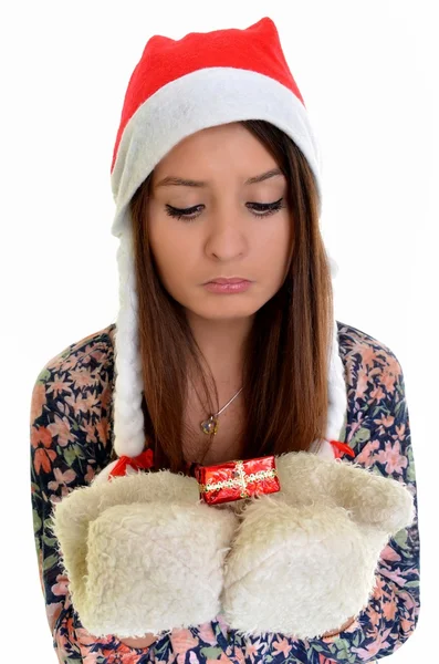 Nő karácsonyi fiatal szép, mosolygós, Mikulás kalapját — Stock Fotó