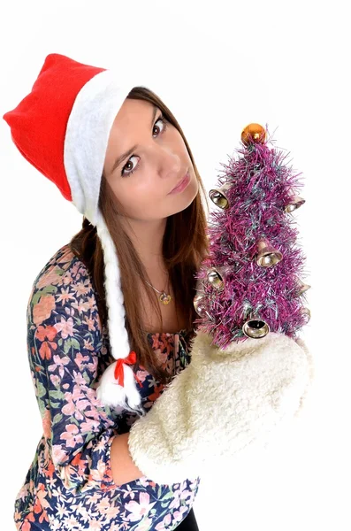 Жінка Різдво молода красива посміхається з капелюхом Санти — стокове фото